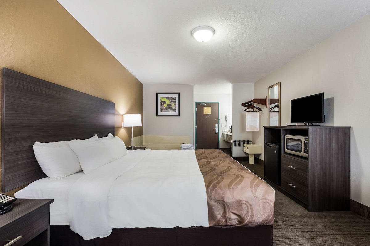 Habitación de hotel con cama, mesita de noche, lámpara, televisor, microondas y baño pequeño.