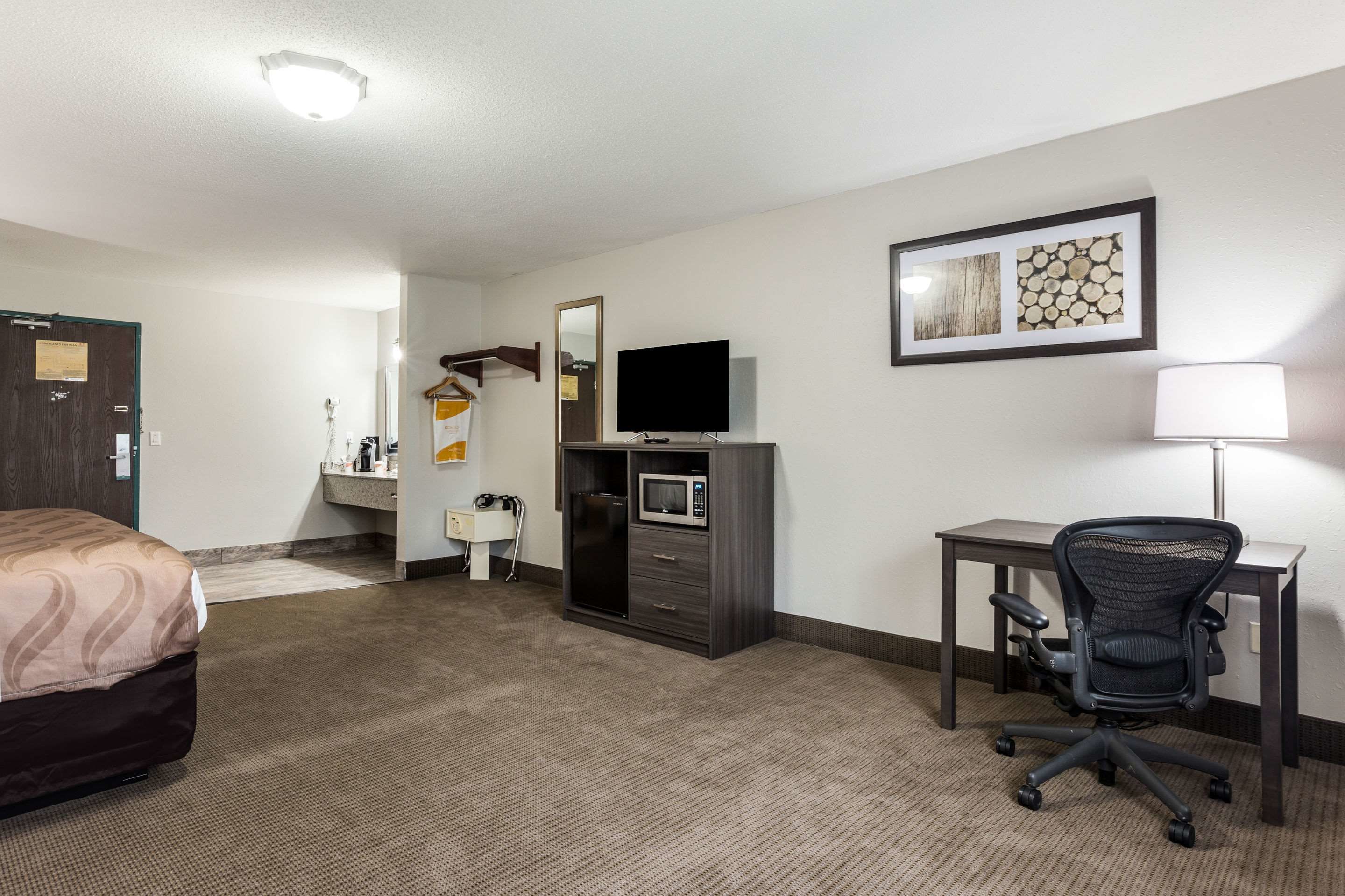 A hotel room with a bed, a desk, a chair, a television, a microwave, and a mirror.