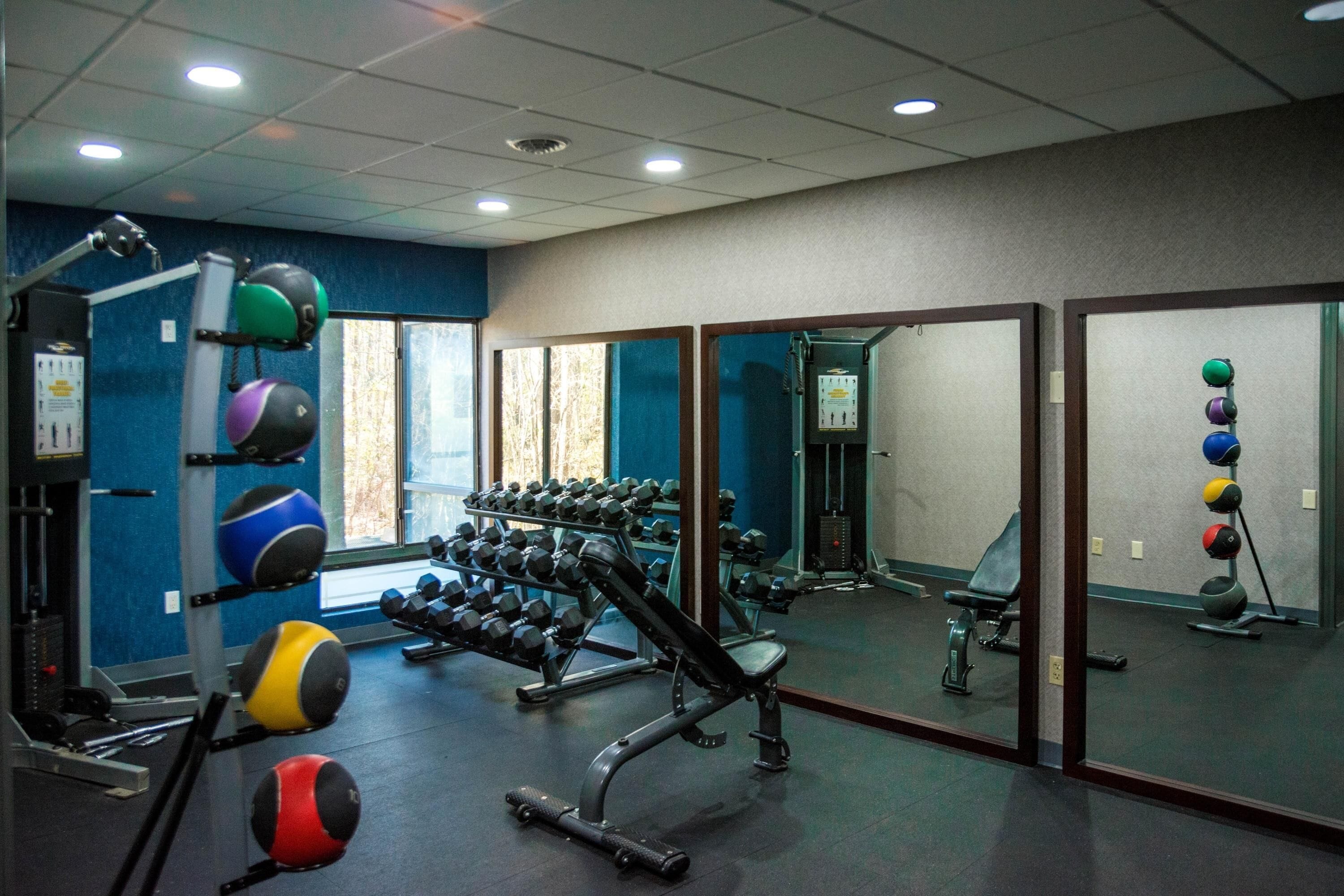 Une salle de sport équipée de matériel d’exercice, d’un miroir et d’une fenêtre donnant sur des arbres.