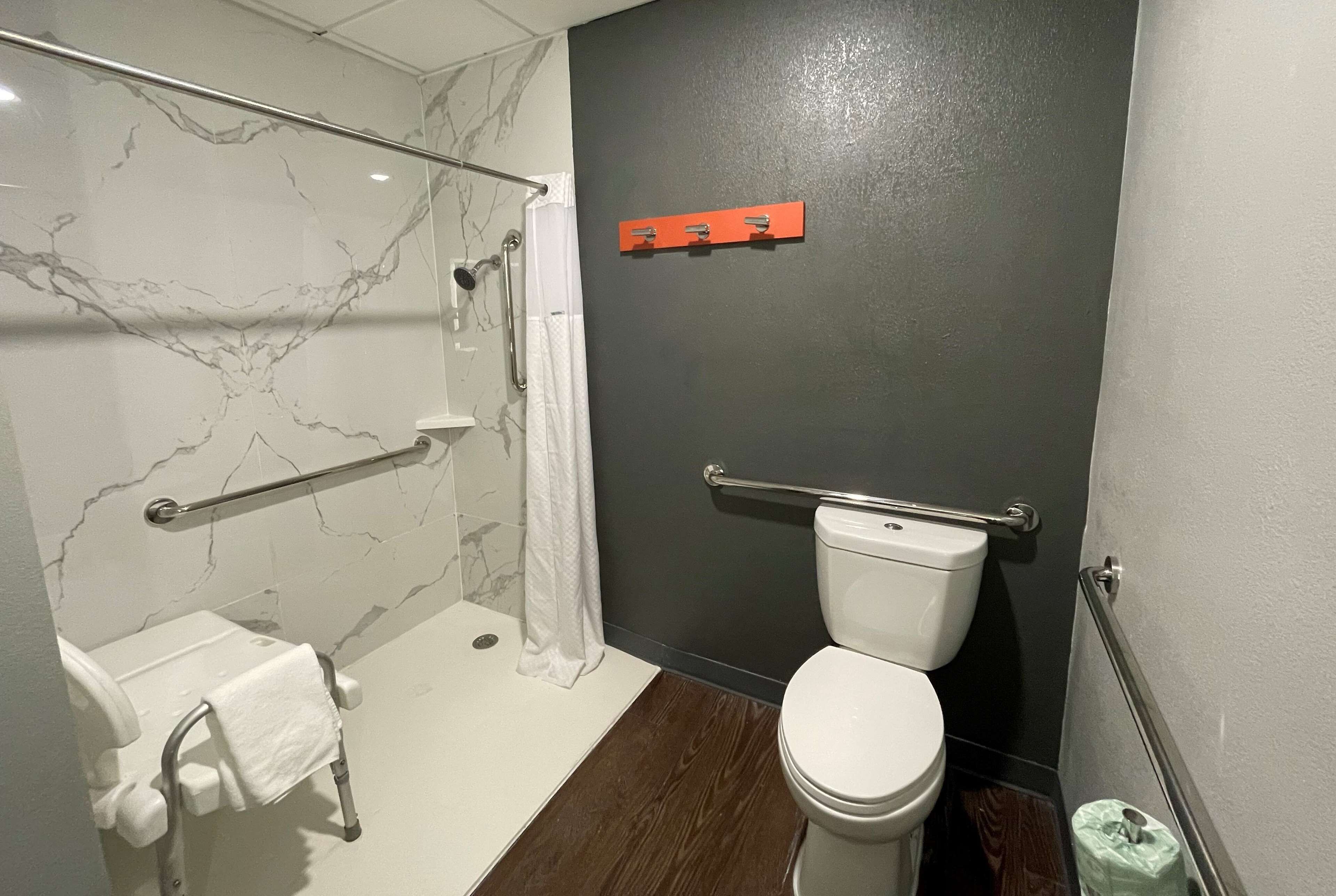 Une salle de bain équipée d’une douche, de toilettes et de barres d’appui.