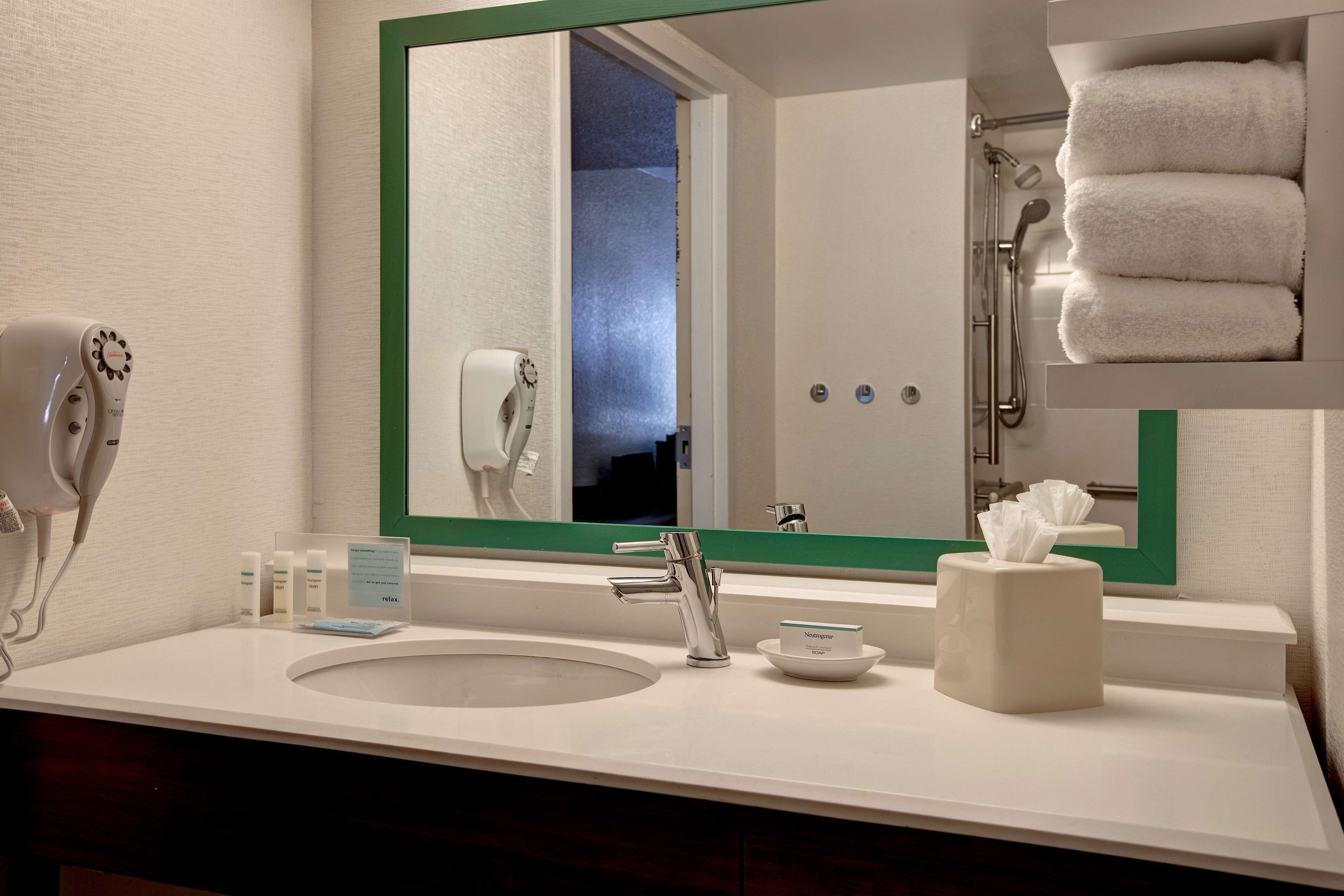 free toiletries, hair dryer, towels