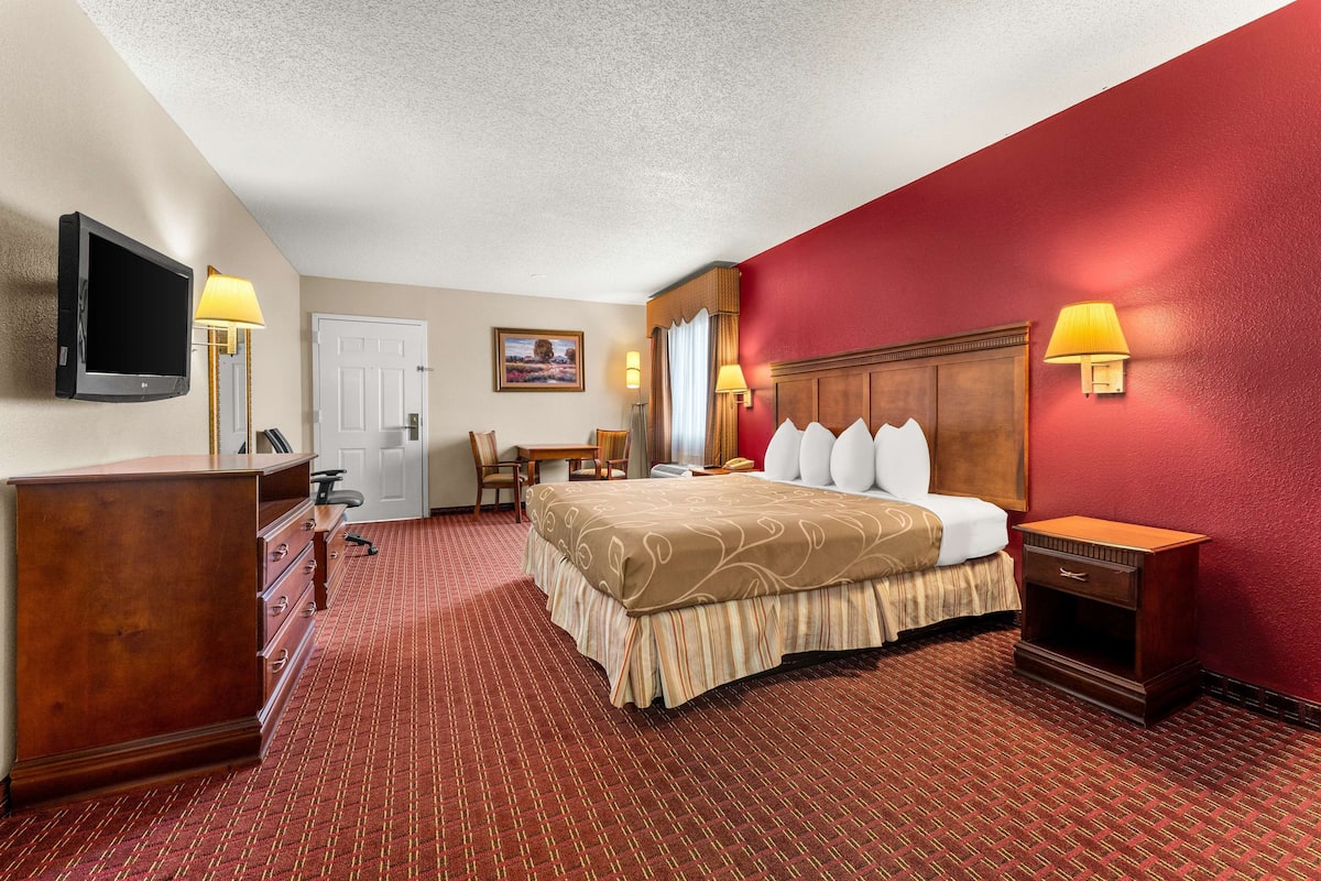 A hotel room with a bed, a desk, a chair, a dresser, a TV, and two lamps.
