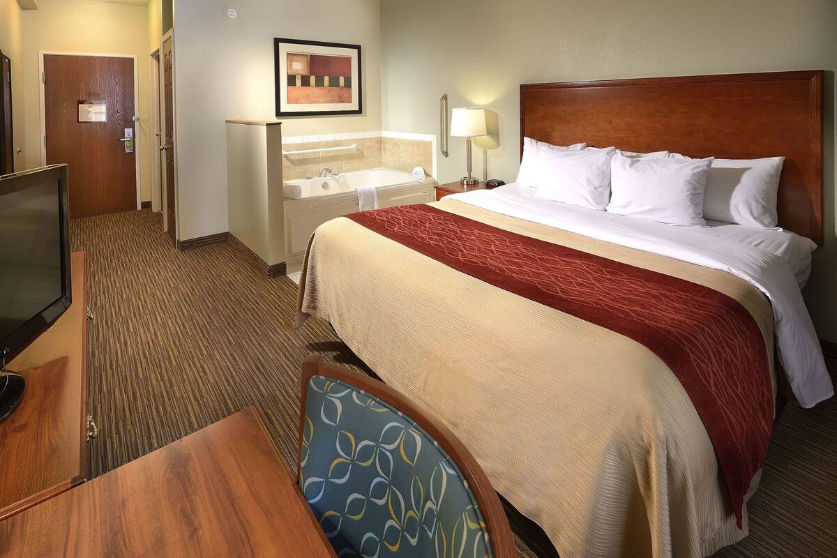 A hotel room with a bed, a desk, a television, a bathroom with a bathtub, and a framed picture on the wall.