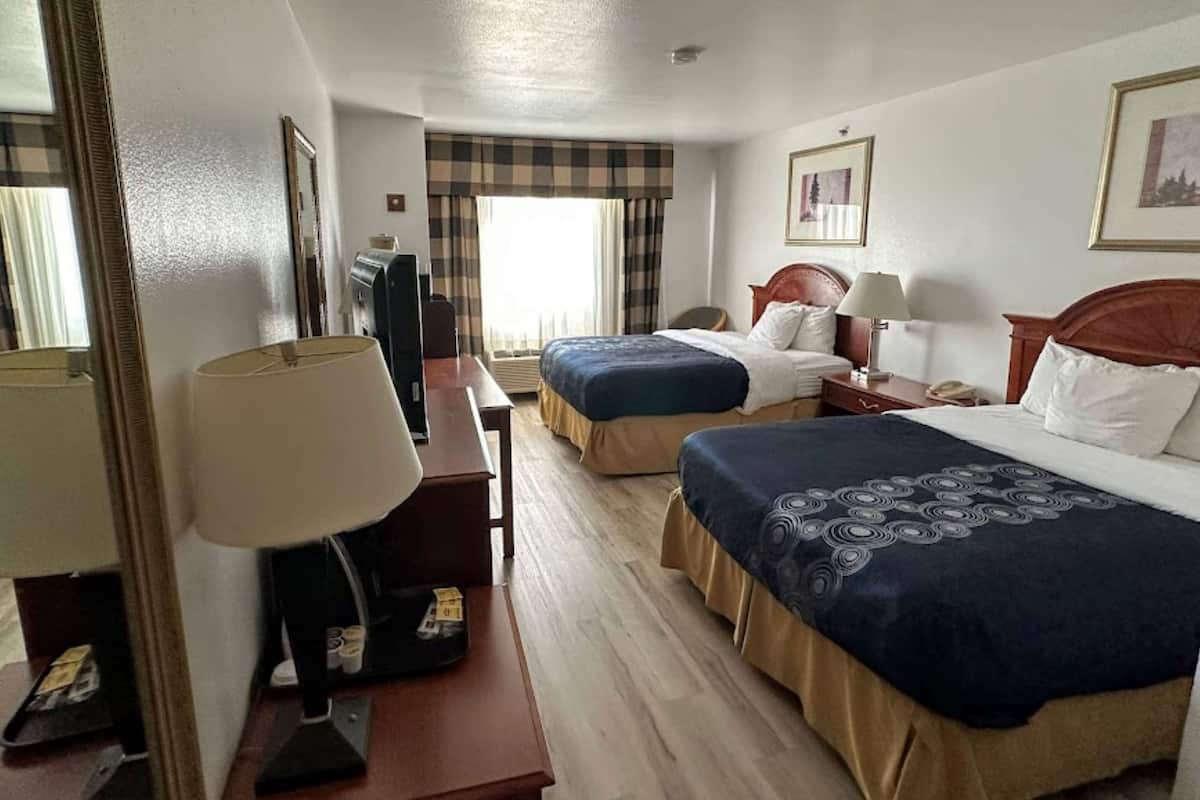 Ett hotellrum med två sängar, ett skrivbord med en lampa, en TV och ett fönster med gardiner.