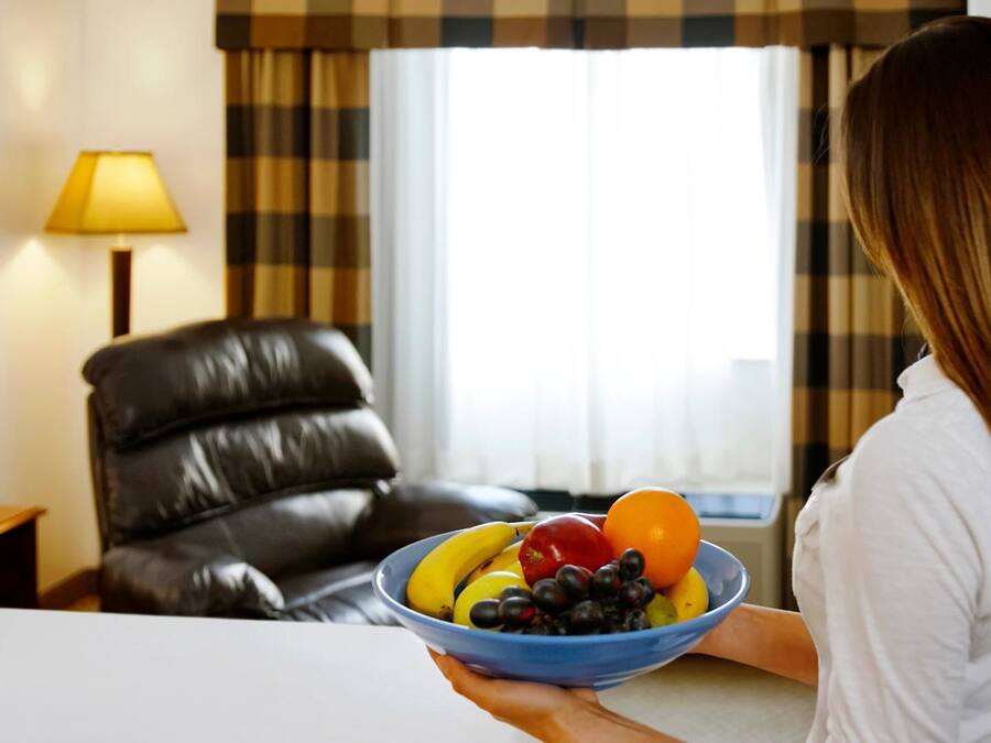 A person holding a bowl of fruit in a room with a leather chair, a lamp, and a window with curtains.