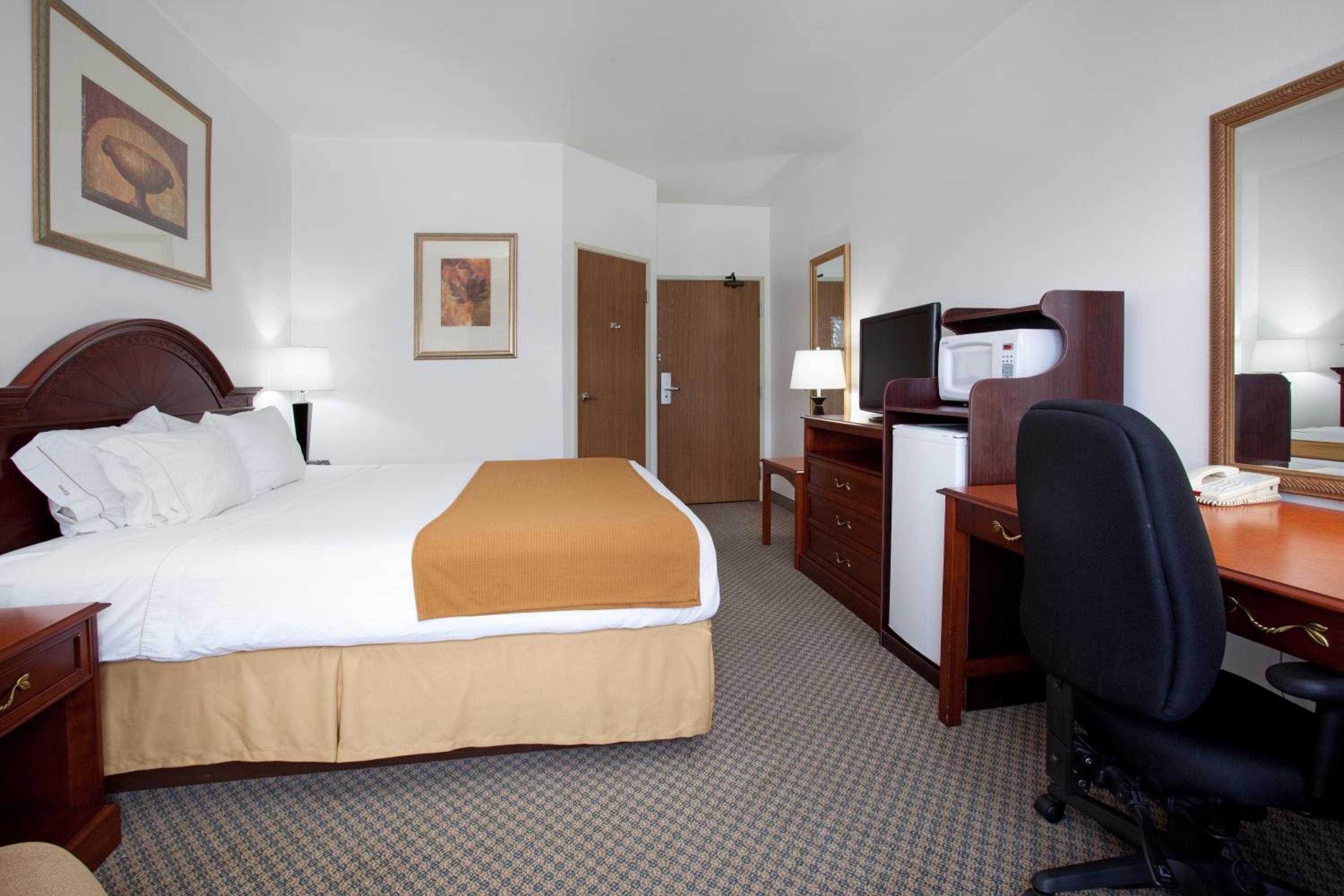 Habitación de hotel con cama, escritorio, silla, televisor y espejo.