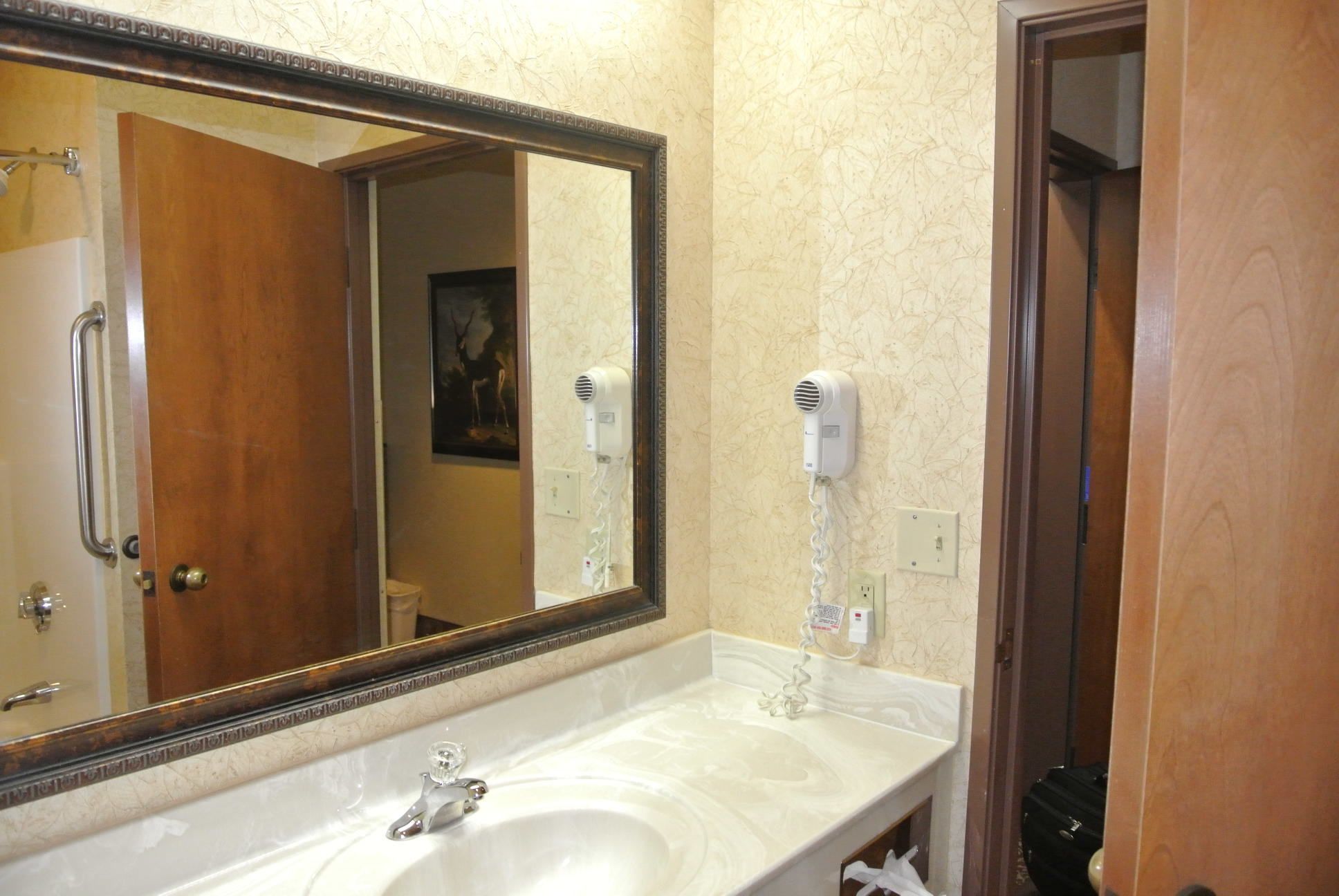 A bathroom with a large mirror, a sink, and two hair dryers mounted on the wall.