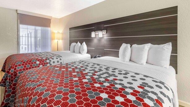 A hotel room with two beds, a large window, and a modern headboard. - Econo Lodge Inn & Suites Near Lackland AFB (San Antonio)