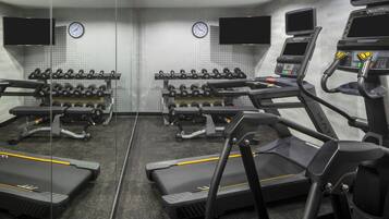 A gym with treadmills, dumbbells, and weight machines.