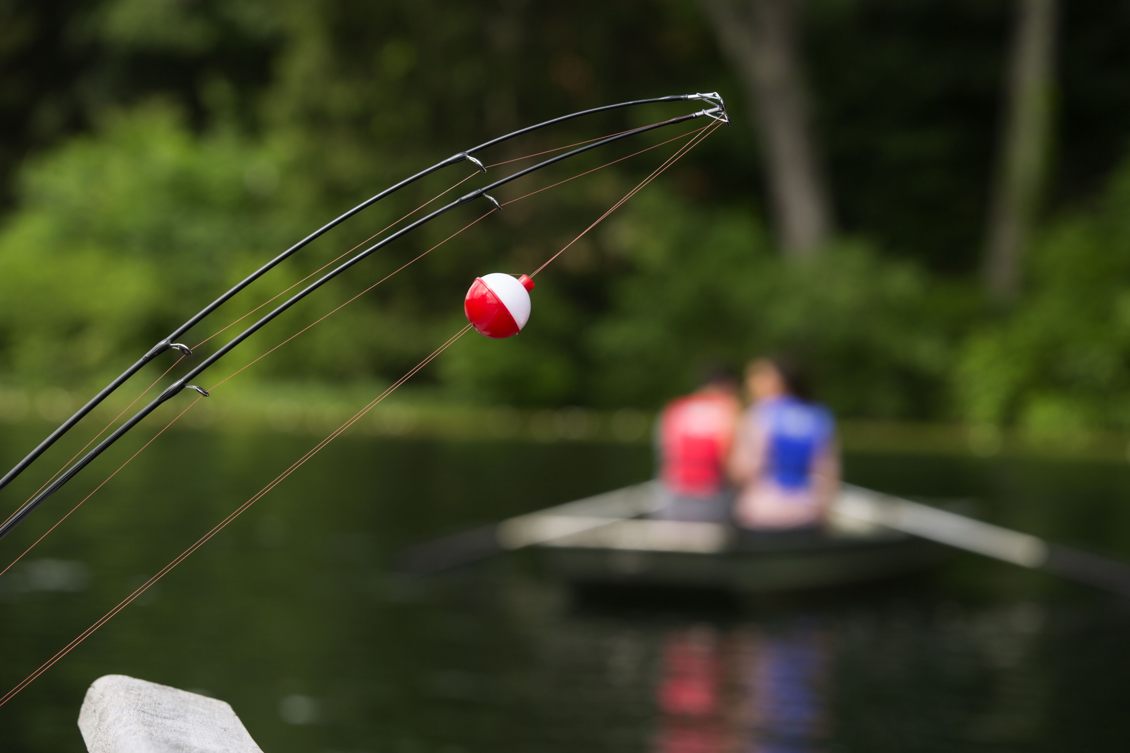 Un'asta da pesca con galleggiante e una barca sullo sfondo.