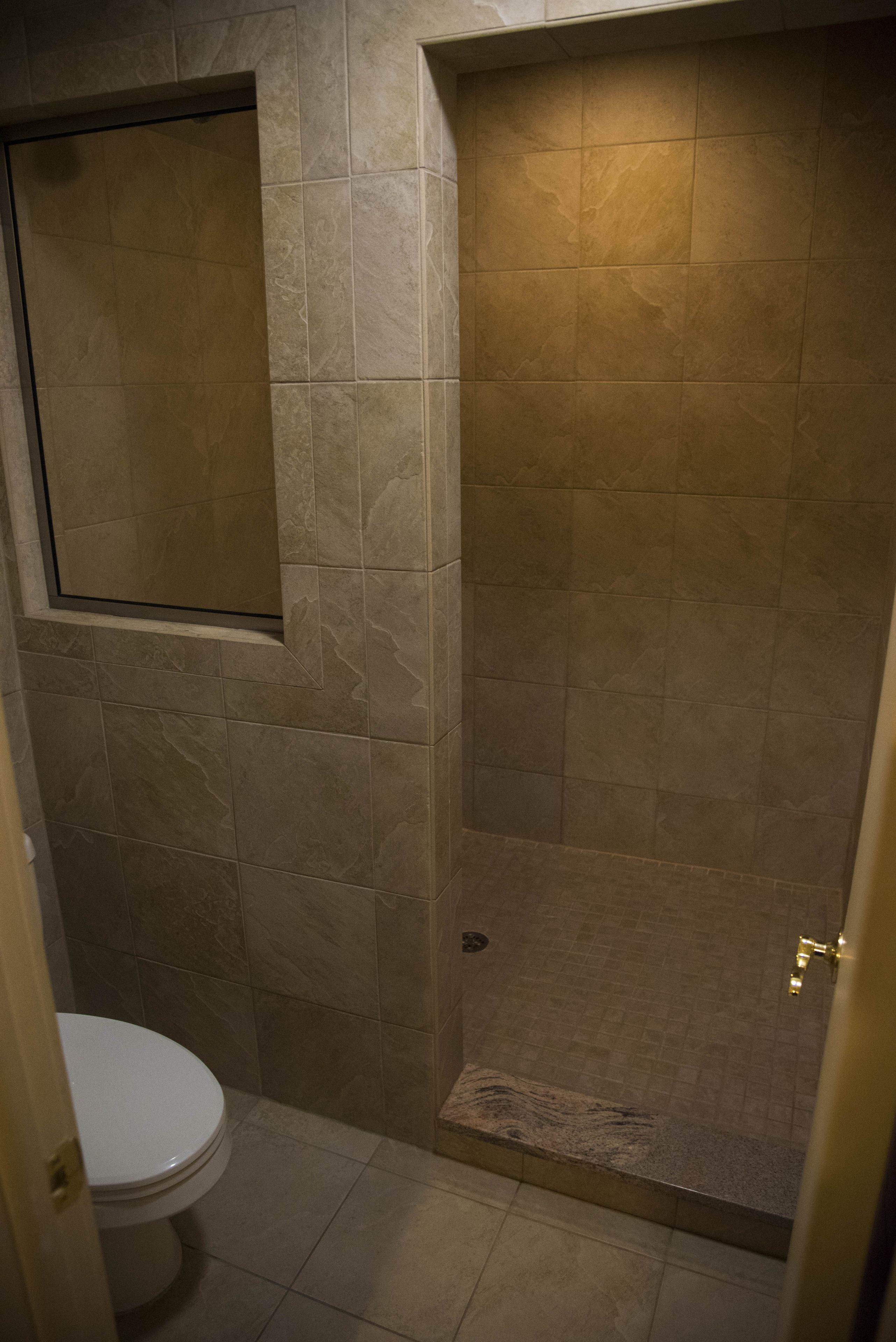A bathroom with a shower, toilet, and a mirror.