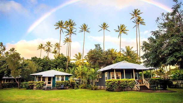 A resort with two buildings, surrounded by palm trees and lush greenery. - Waimea Plantation Cottages, a Coast Resort (Waimea)