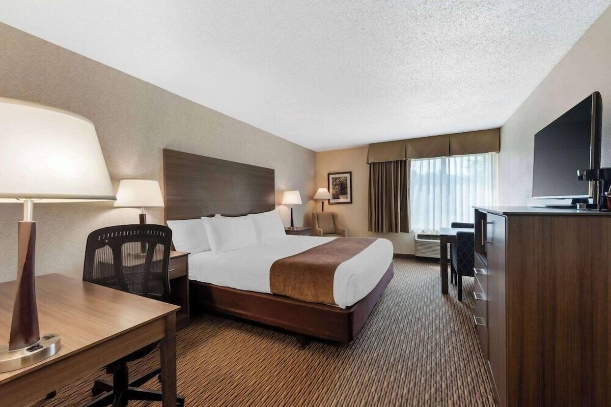 A hotel room with a bed, a desk, a chair, a television, and a window with curtains.