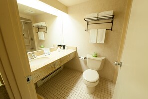 Combined shower/bathtub, free toiletries, hair dryer, bathrobes