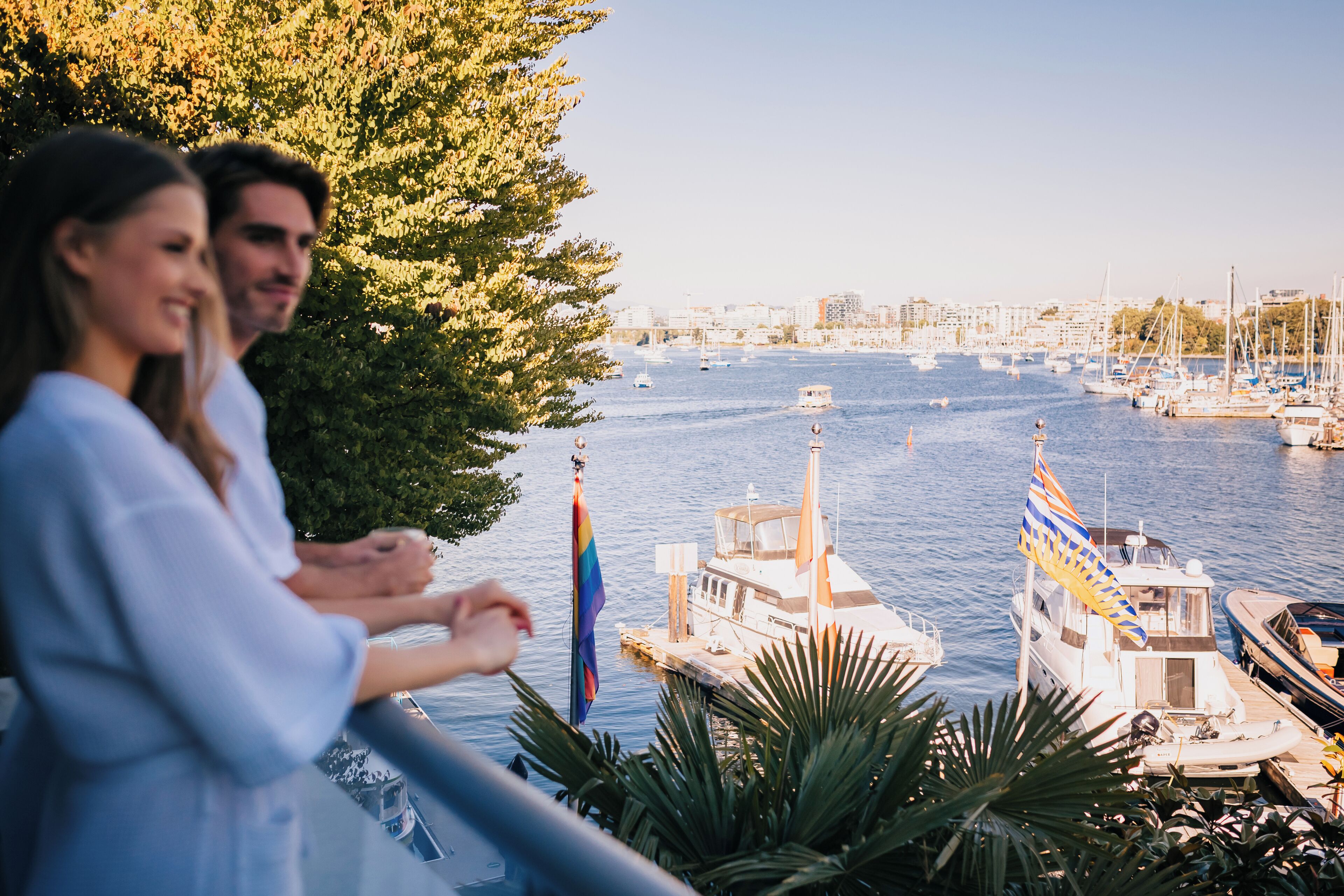 Uma marina com barcos atracados, uma bandeira e um horizonte urbano ao fundo.
