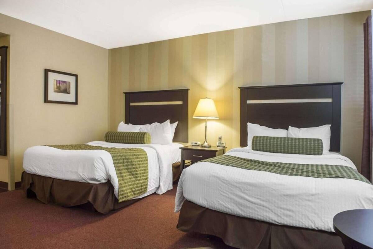 A hotel room with two beds, a nightstand with a lamp, and a framed picture on the wall.