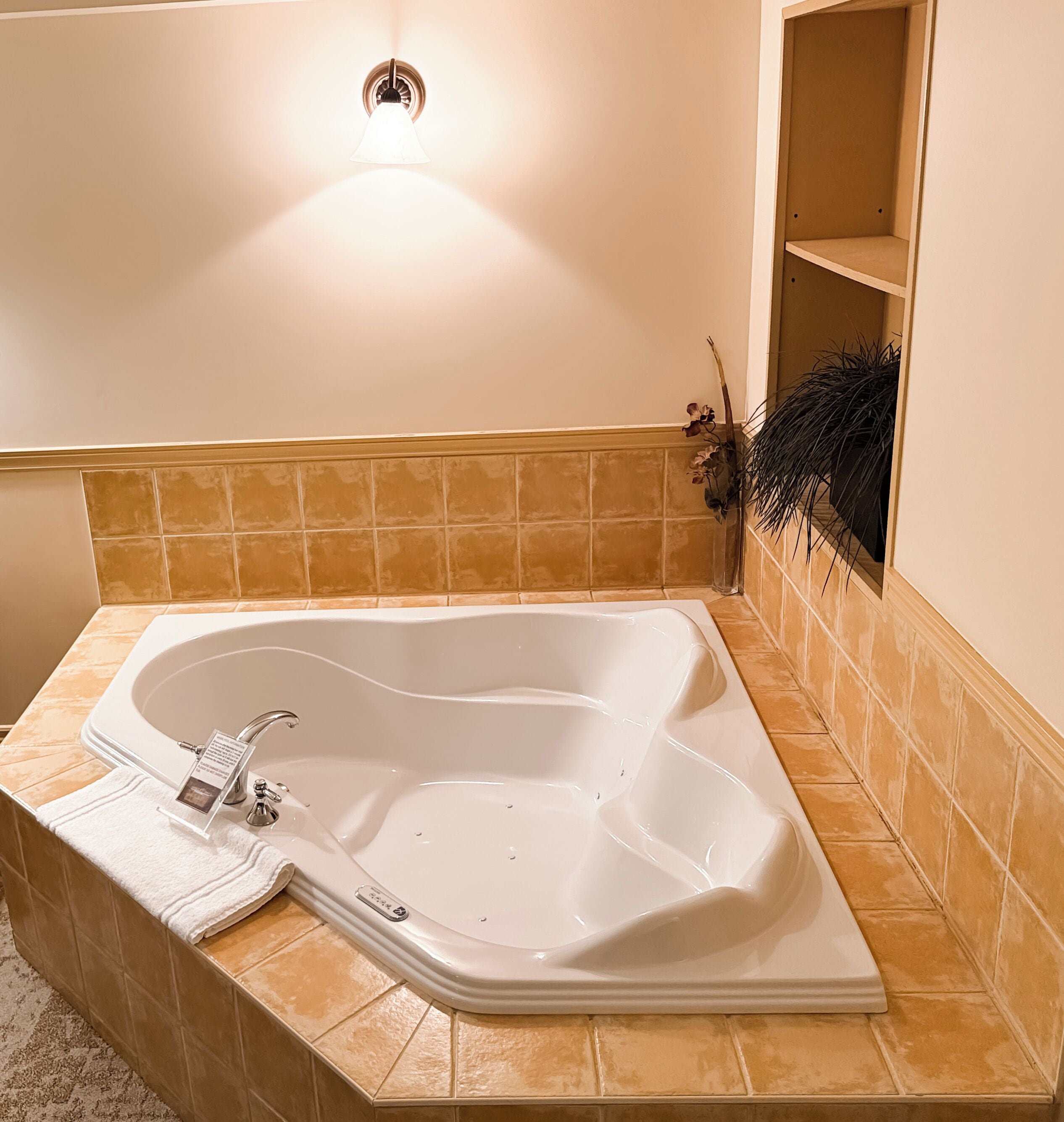 Une salle de bain avec une baignoire sur pieds, une serviette et un luminaire fixé au mur.