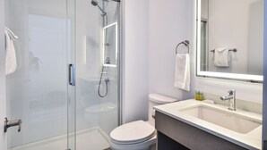 Une salle de bain moderne avec une douche à parois de verre, des toilettes blanches et un lavabo avec un miroir au-dessus.
