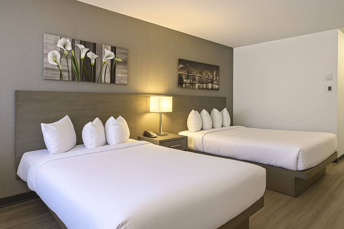 A hotel room with two beds, a nightstand, a lamp, and two wall art pieces.