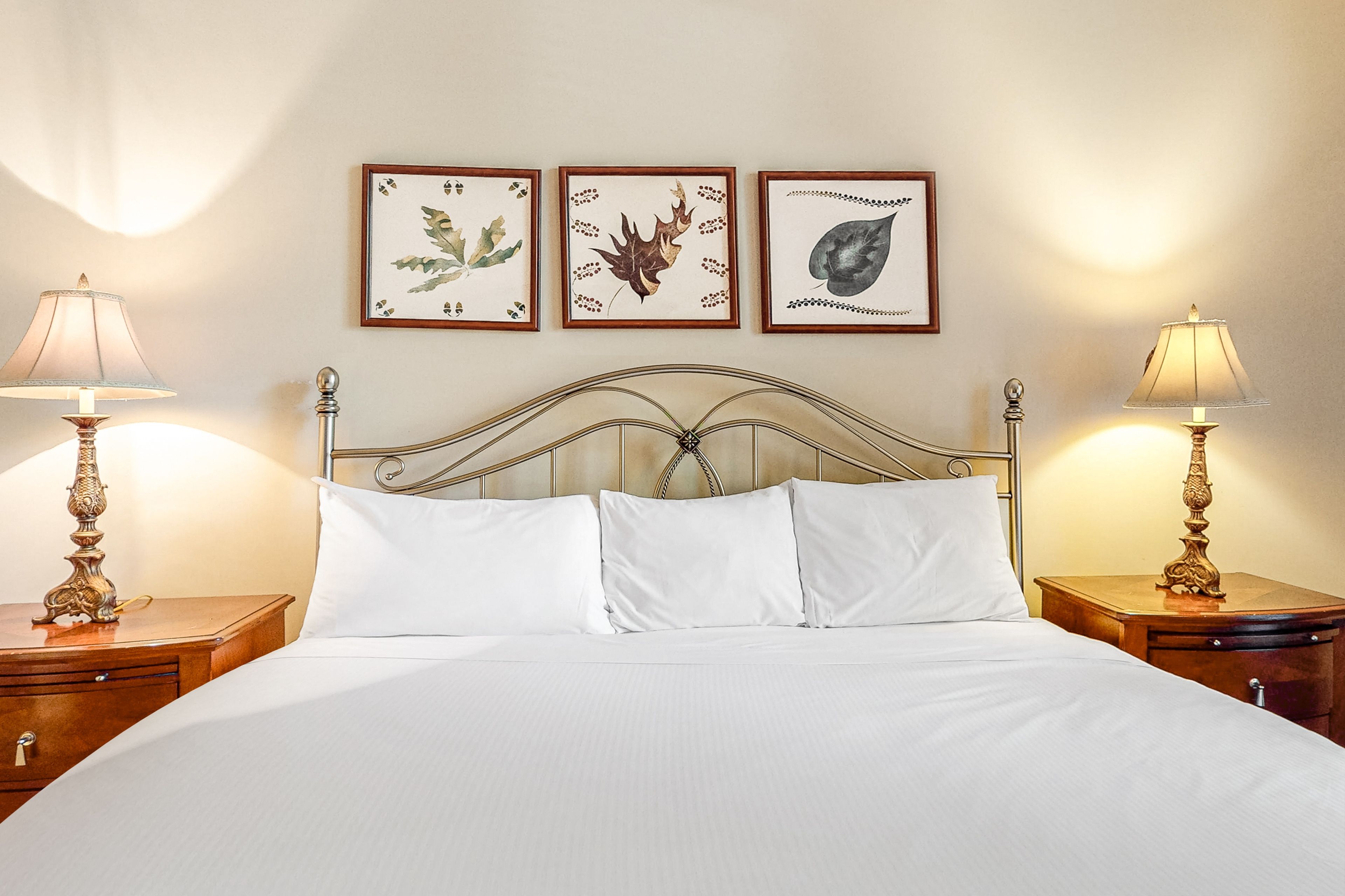 Een net opgemaakt bed met witte lakens, met aan weerszijden nachtkastjes met lampen, en drie ingelijste botanische prints erboven.