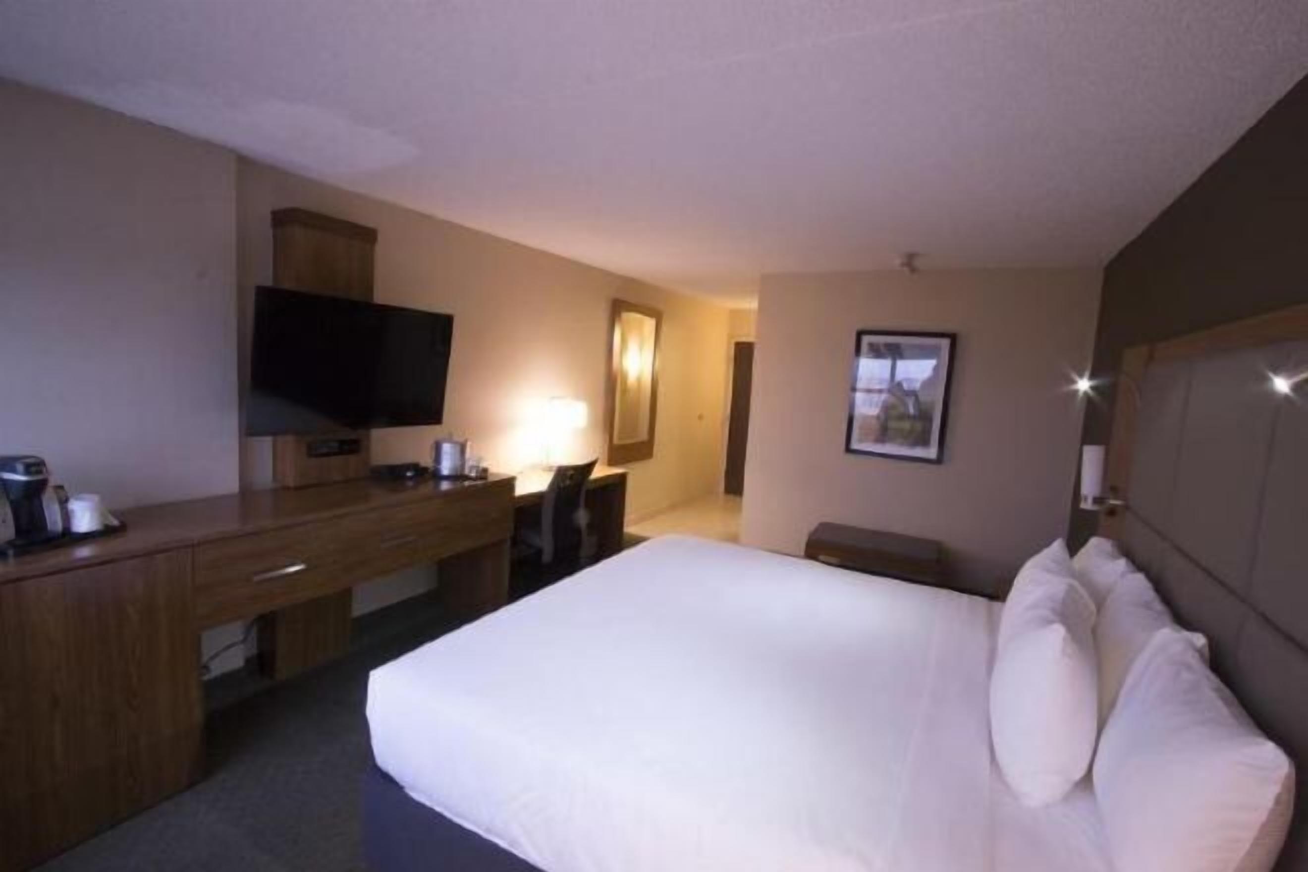 Hypo-allergenic bedding, desk, laptop workspace, blackout drapes