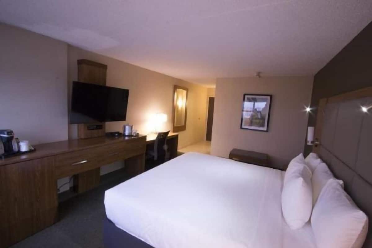 Hypo-allergenic bedding, desk, laptop workspace, blackout curtains