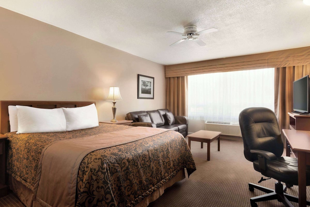 A hotel room with a large bed, a desk, a chair, a television, and a window with curtains.