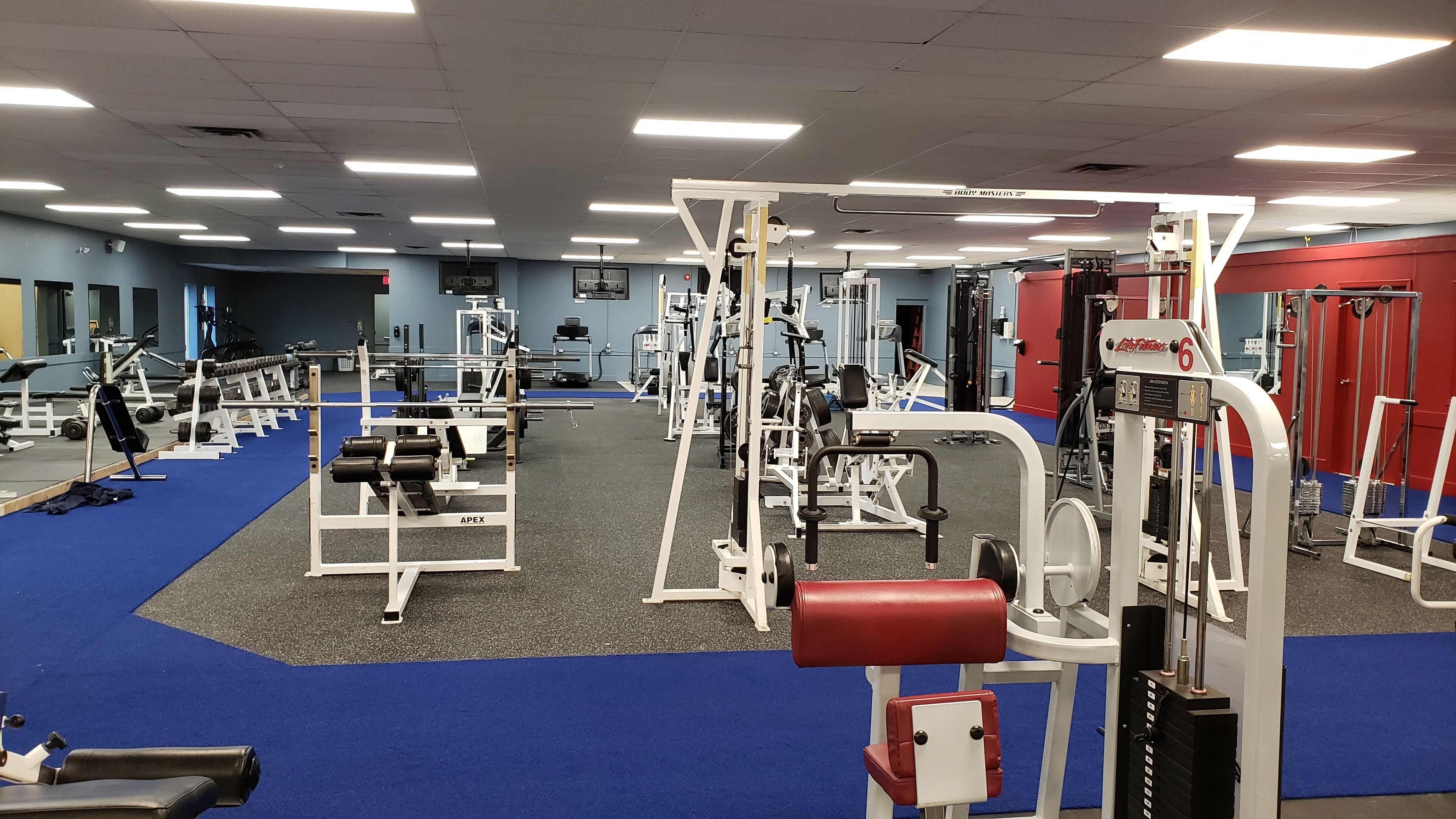 A gym with various exercise machines, blue carpet flooring, and a red wall.