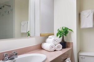 Un baño con lavamanos, espejo, toallero y una planta en maceta.