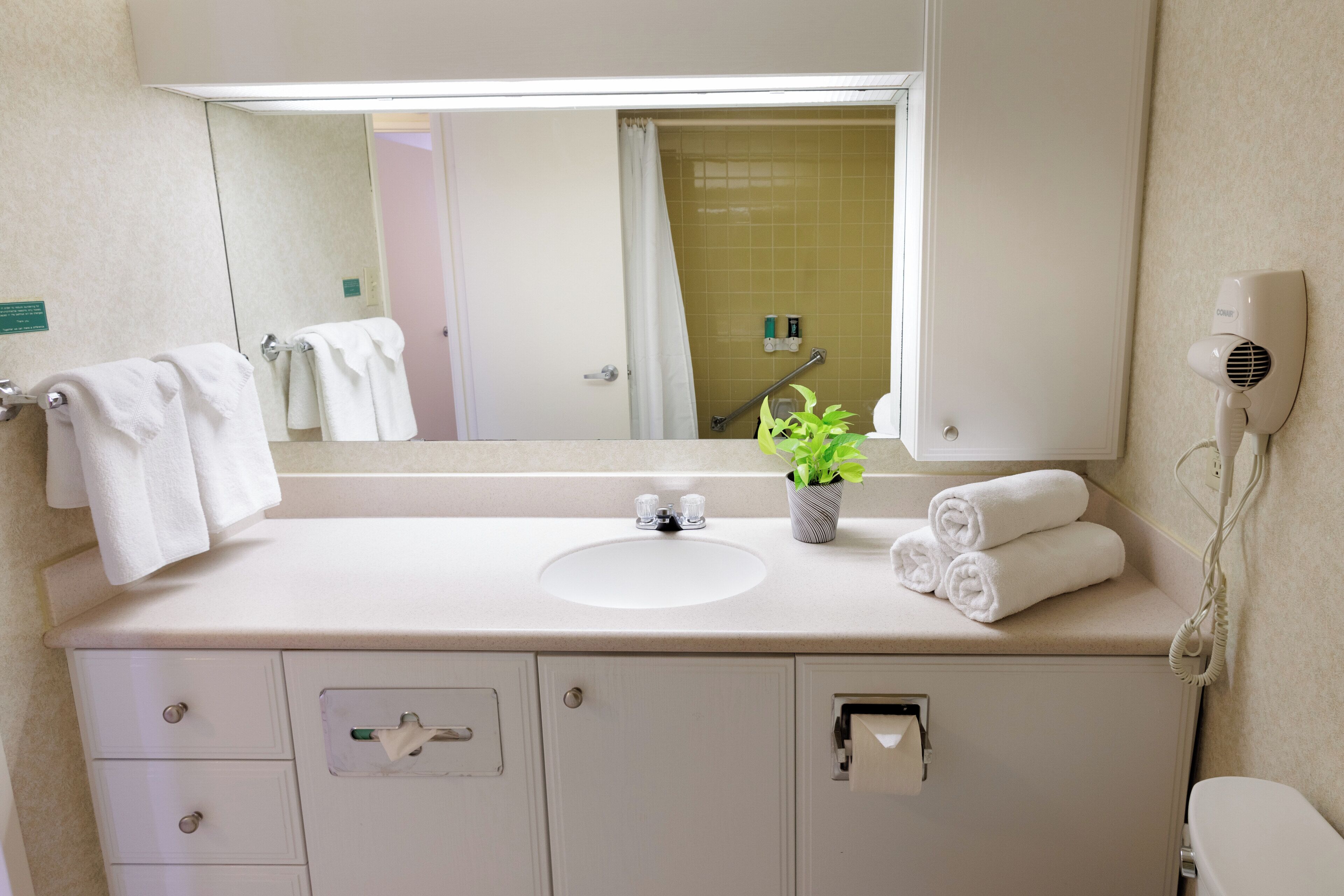 Une salle de bain équipée d’un lavabo, d’un miroir, d’un porte-serviettes et d’un sèche-cheveux fixé au mur.