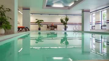 Indoor pool, open 9:00 AM to 10:00 PM, sun loungers