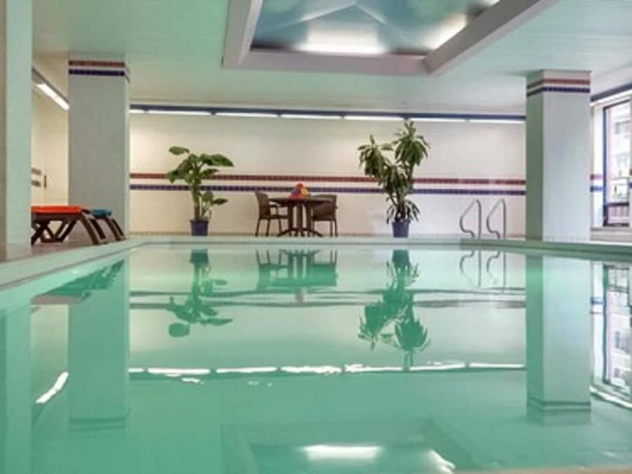 Una piscina interior con agua cristalina, rodeada de plantas en macetas, una mesa con sillas y vistas al exterior a través de amplios ventanales.