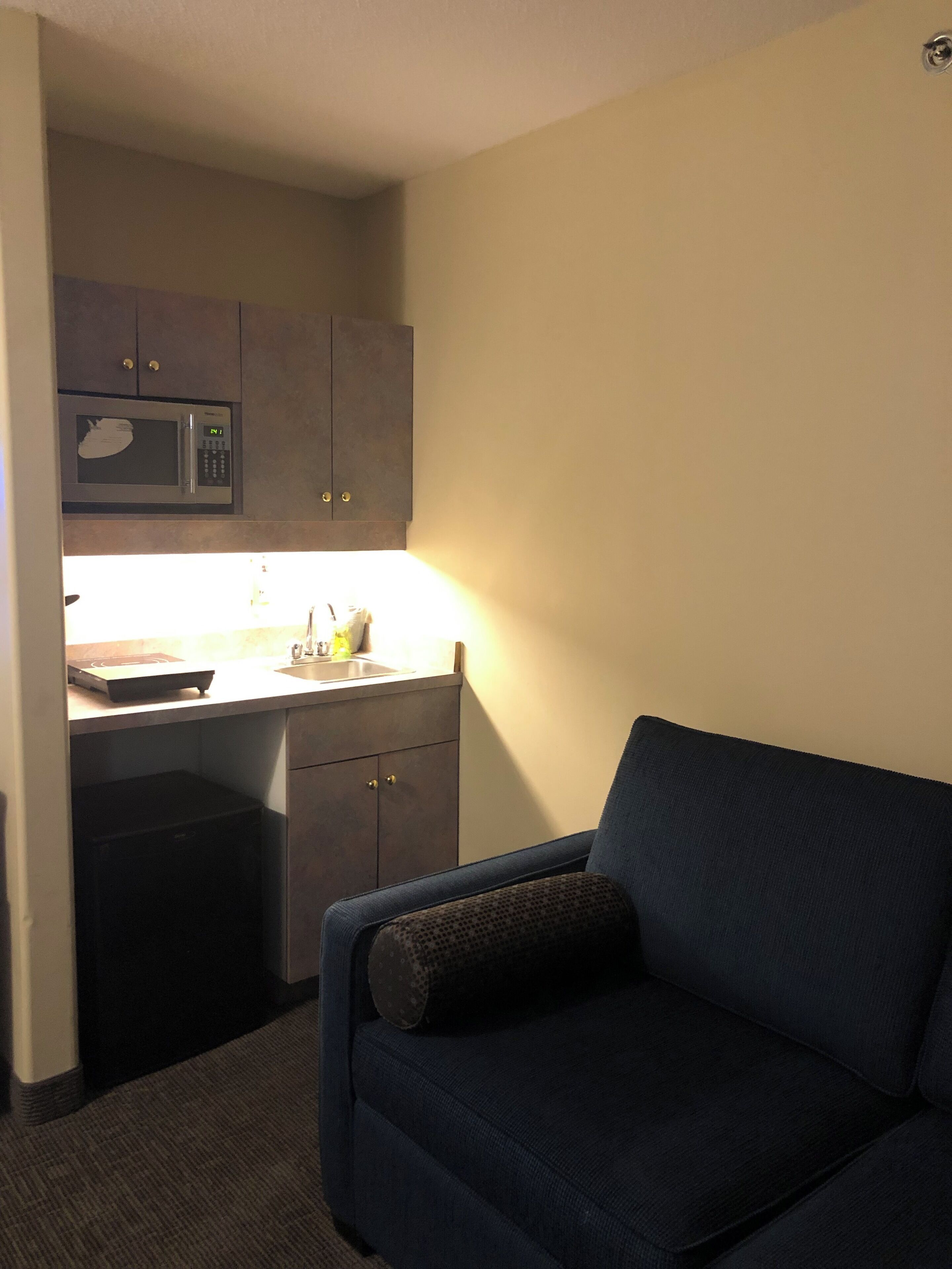 A compact living space with a kitchenette, a sofa, and a small table.