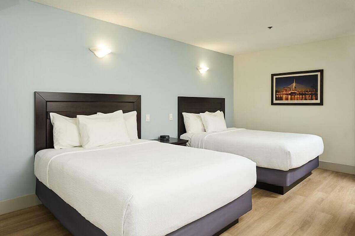 Two single beds with dark wooden headboards in a room with light blue walls and a framed picture on the wall.