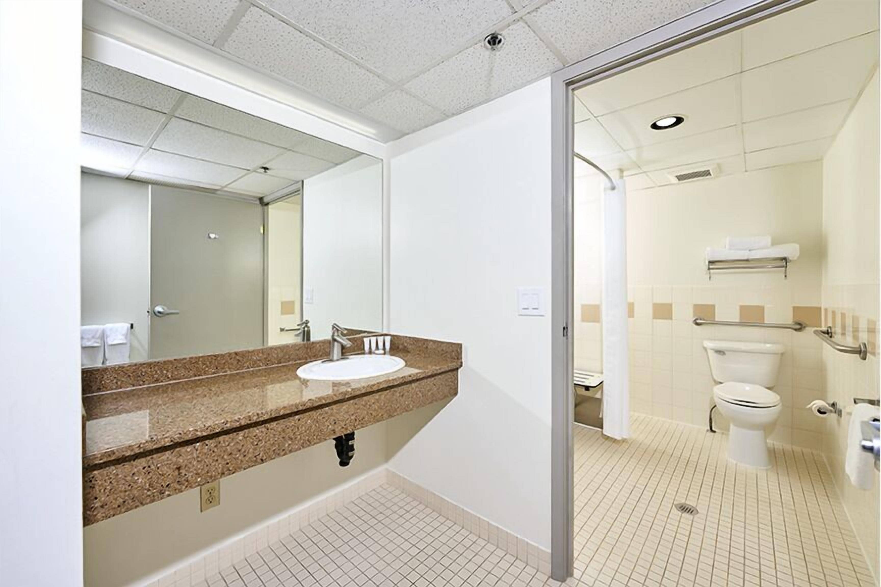 A bathroom with a sink, mirror, toilet, and shower area.