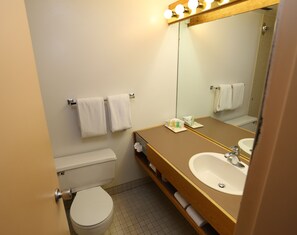 Combined shower/bathtub, free toiletries, towels, soap