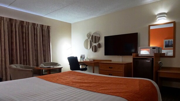 Une chambre d’hôtel équipée d’un lit, d’un bureau, d’une chaise, d’une télévision, d’un four à micro-ondes et d’un miroir.