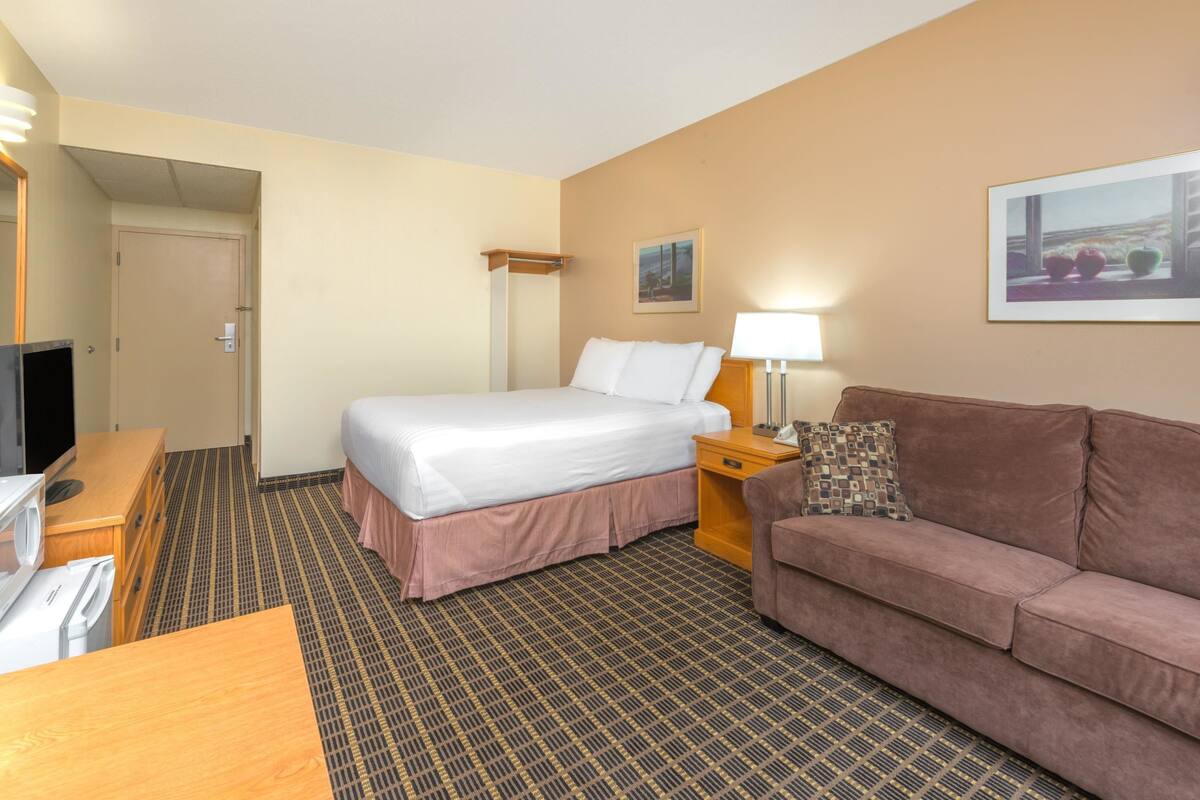 Een hotelkamer met een bed, een bank, een televisie, een bureau en een lamp.