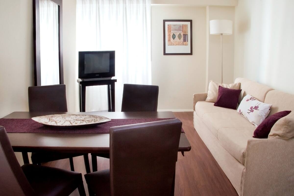 21-inch flat-screen TV with cable channels, TV