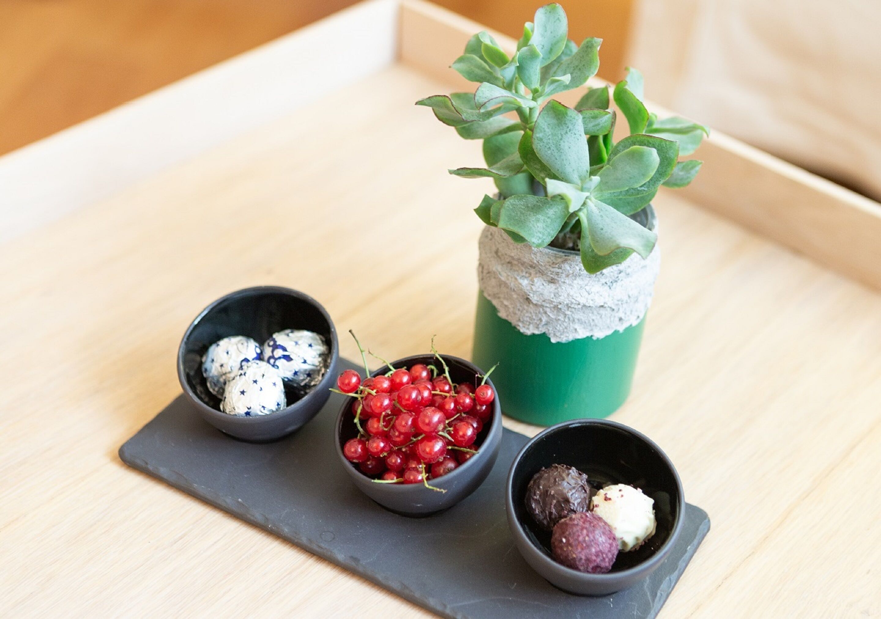Ein Holztisch mit drei kleinen Schalen, gefüllt mit verschiedenen Beeren, und einer Sukkulentenpflanze im Topf.