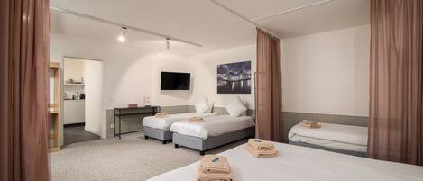 Ein Hotelzimmer mit zwei Betten, einem Fernseher, einem Gemälde und einem durchgegangenen Tür erkennbaren Badezimmer.