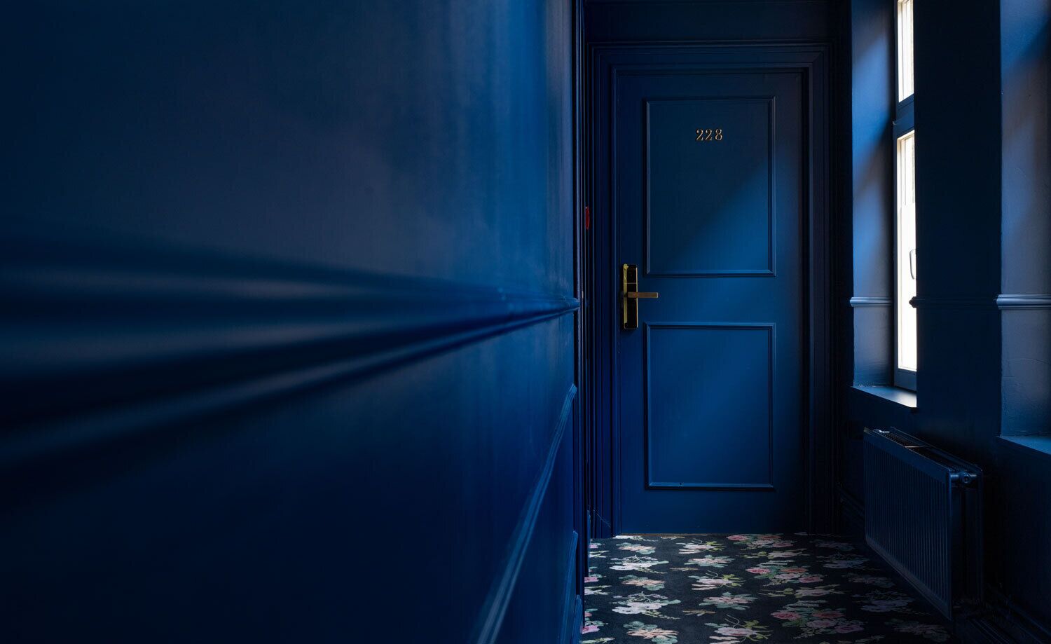 Un couloir avec une porte bleu foncé portant le numéro 223, un radiateur et un tapis à motifs floraux.