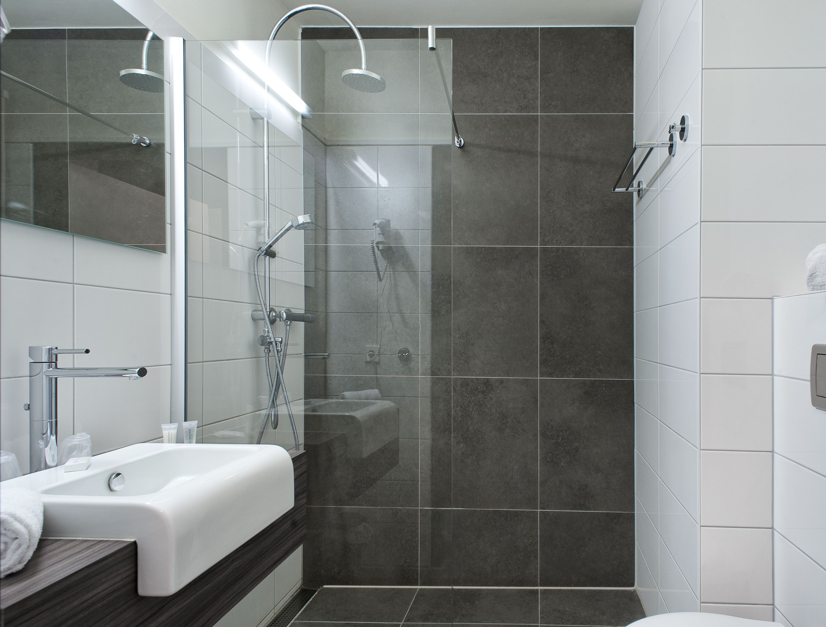 A modern bathroom with a glass-enclosed shower, a white sink, and a mirror.