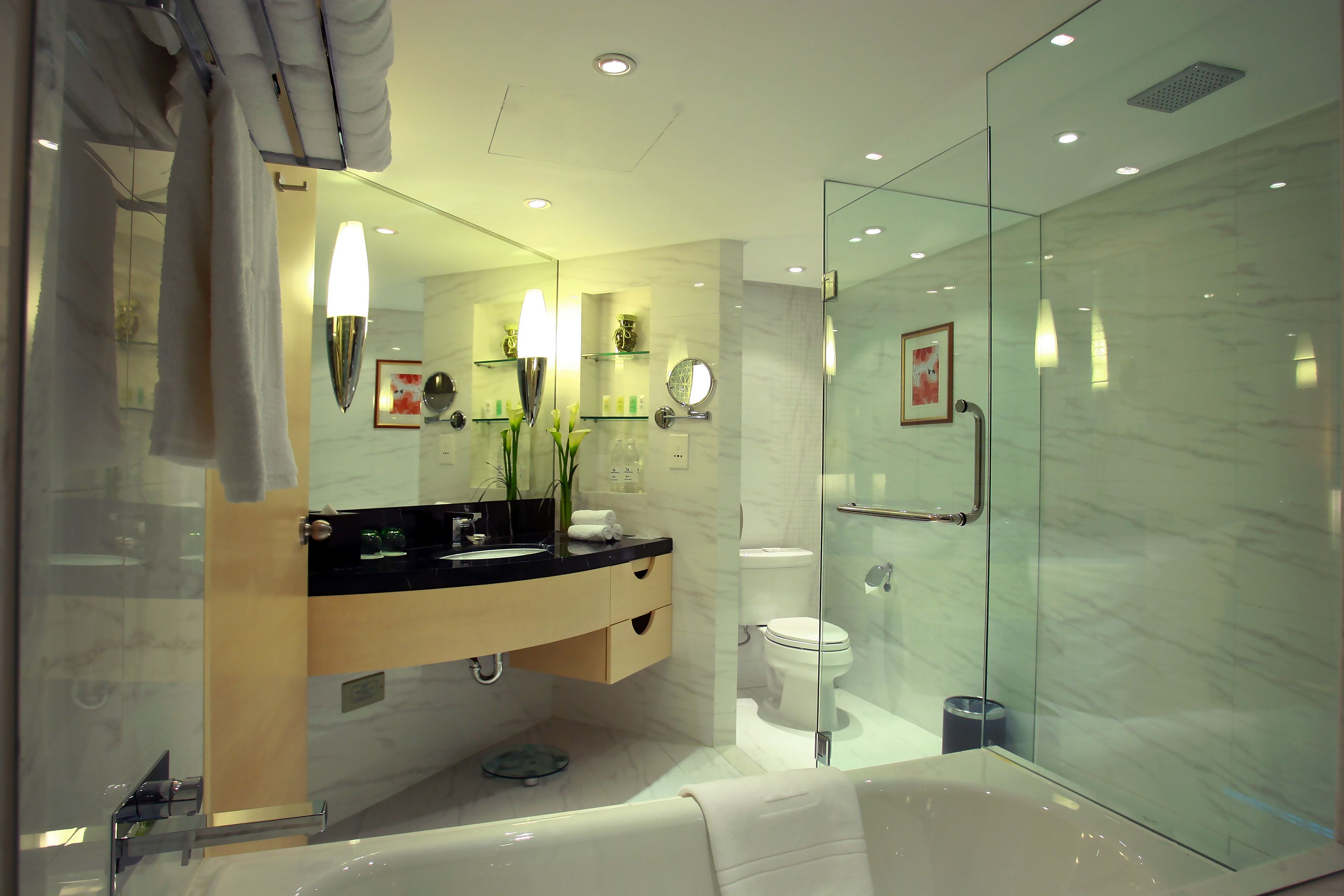 A modern bathroom with a glass shower enclosure, a large mirror, and a bathtub.