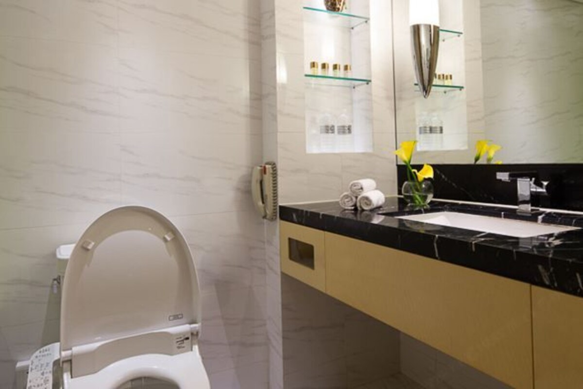 A modern bathroom with a toilet, sink, and mirror.