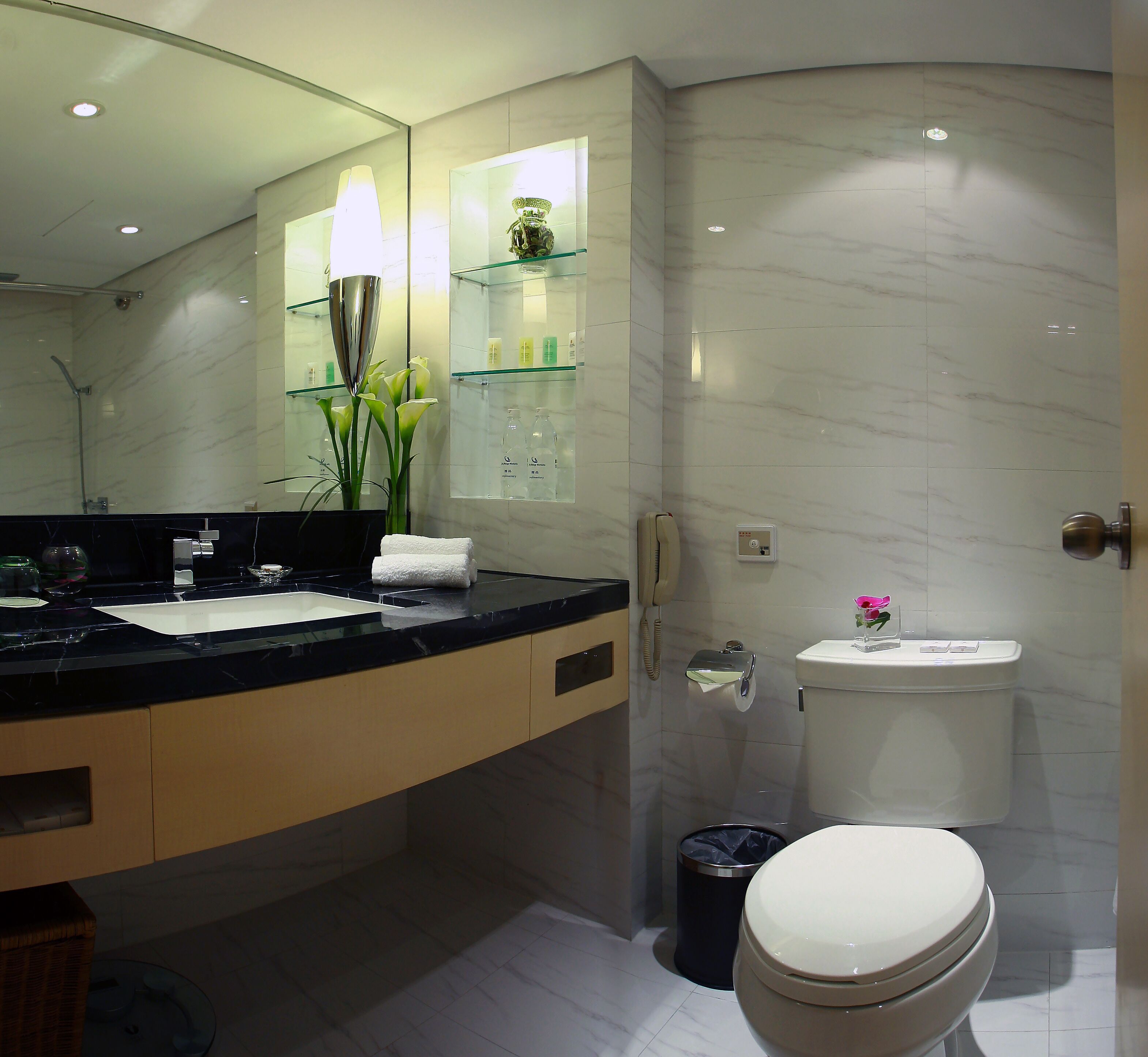 Combined shower/tub, hair dryer, bathrobes, slippers