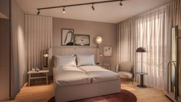 Een moderne slaapkamer met een groot bed, nachtkastjes, een stoel en een vloerlamp.