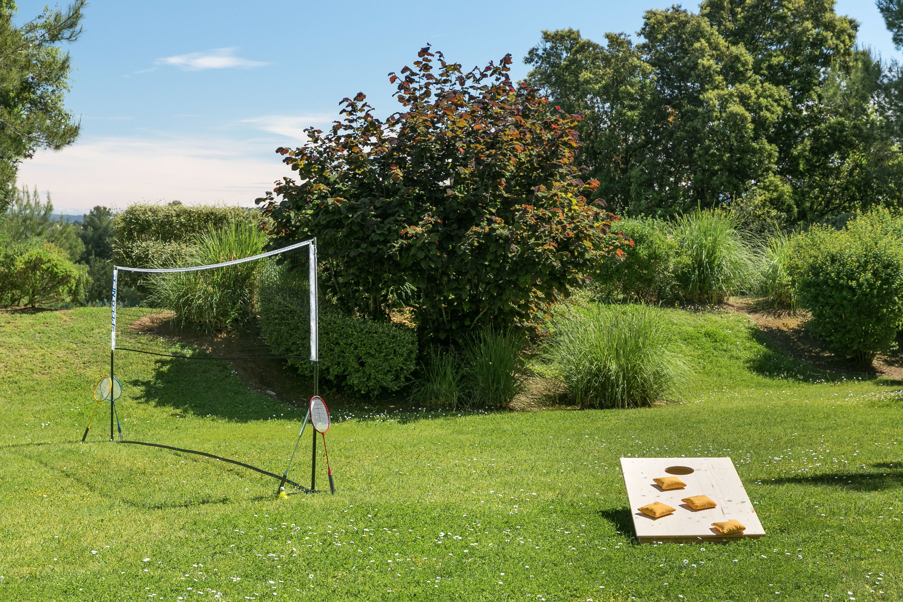 Un terrain de badminton avec un filet, un panneau cible et un petit arbre en arrière-plan.
