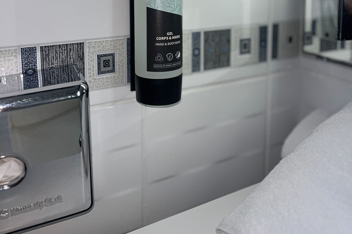 Eco-friendly toiletries, hair dryer, bathrobes, towels