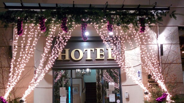 Entrada de un hotel con un cartel que dice "HOTEL" sobre la puerta. Hay luces decorativas y plantas alrededor de la entrada.